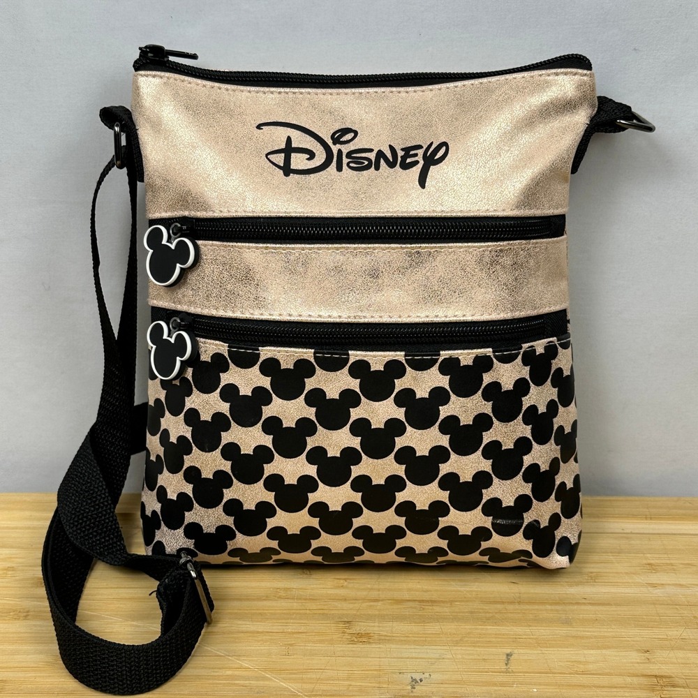 Disney Mickey Mouse Crossbody Bag Rose Gold Metallic Triple Zip Small Purse - Picture 2 of 12